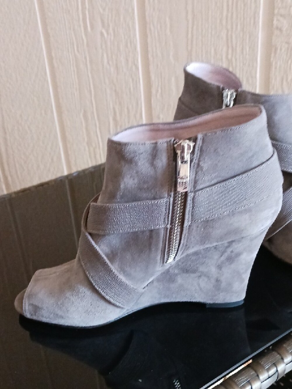 Vince Camuto Gray Suede Crisscross Wedge Booties - Picture 9 of 11